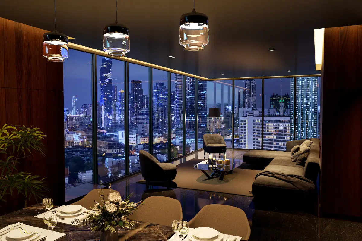 modern hotel room city skyline night Dubai view luxury