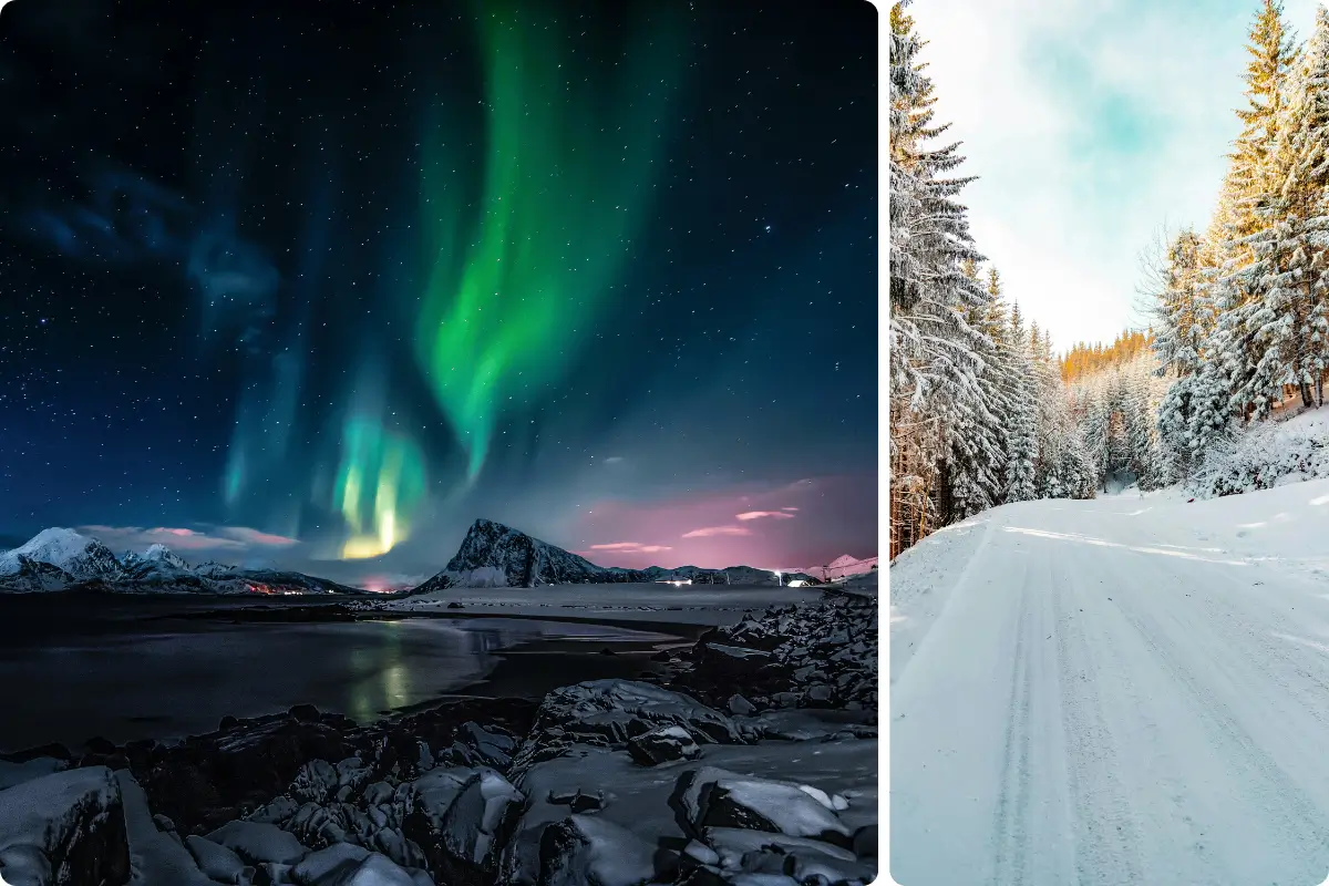 What is the best place to travel in Europe in December for a winter wonderland experience with snow and Northern Lights?