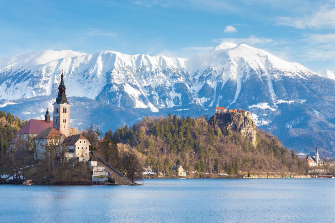 Slovenia winter Lake Bled snow