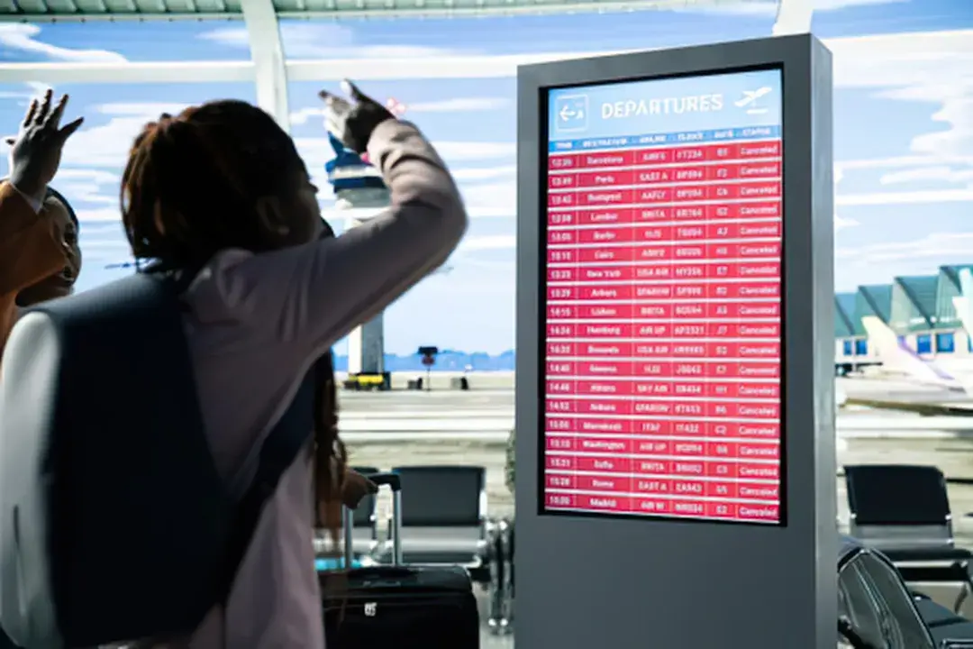 Traveller checking flight information airport screen