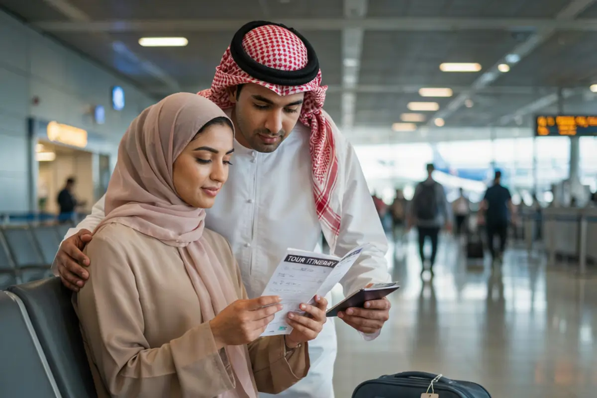 Dubai couple checking travel itinerary at airport