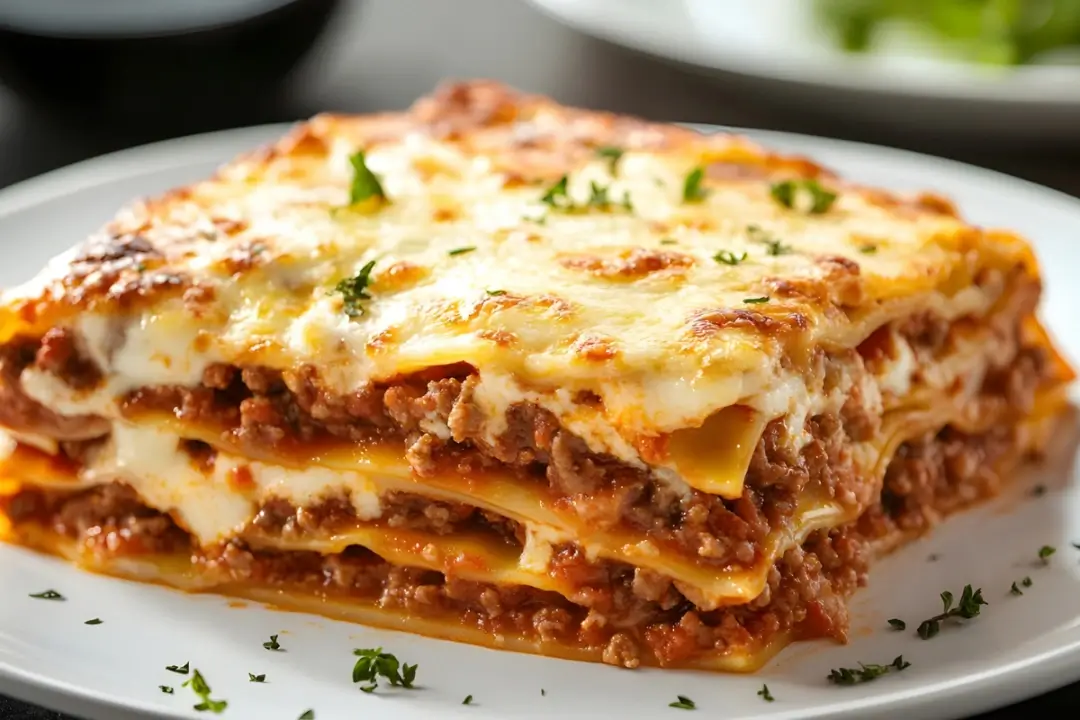 Layered Lasagna with Melted Cheese and Meat Sauce