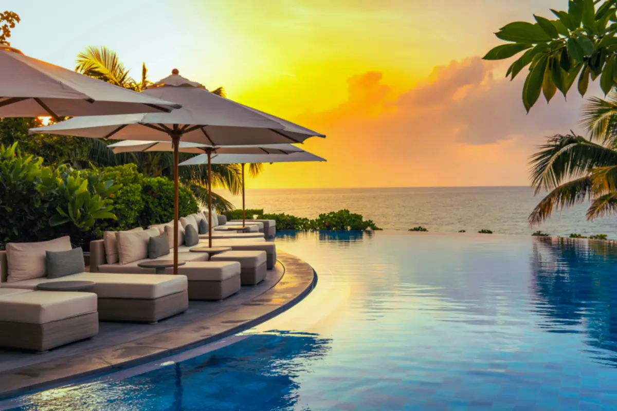 luxury hotel infinity pool Dubai skyline sunset
